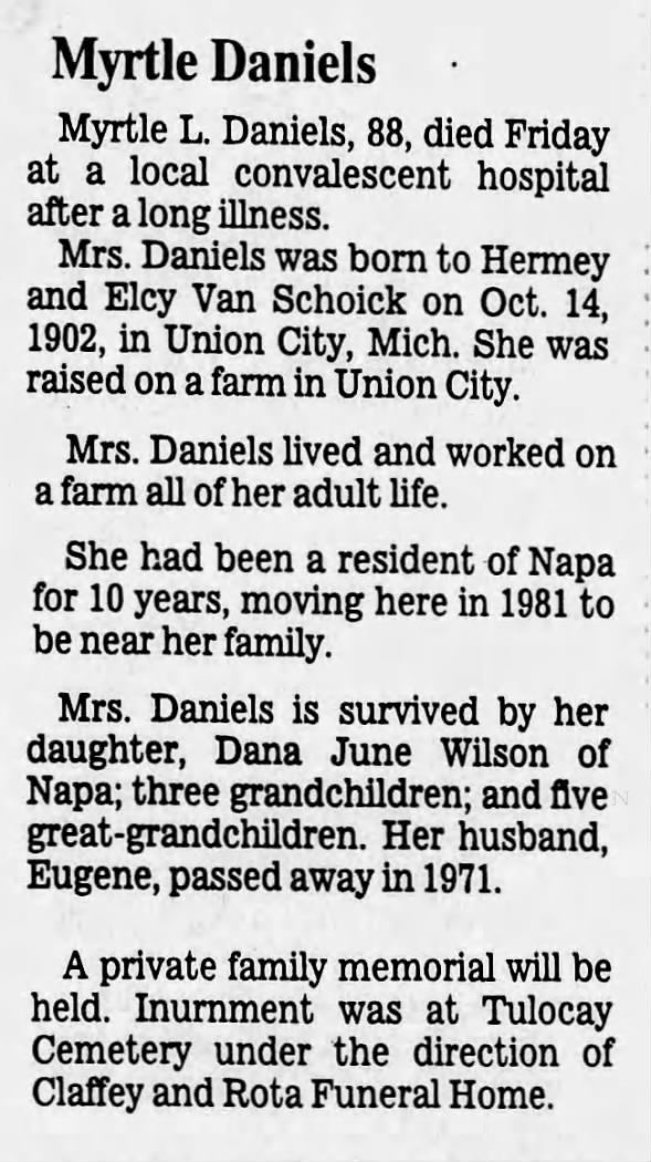 Obituary for Myrtle L. Daniels (Aged 88)